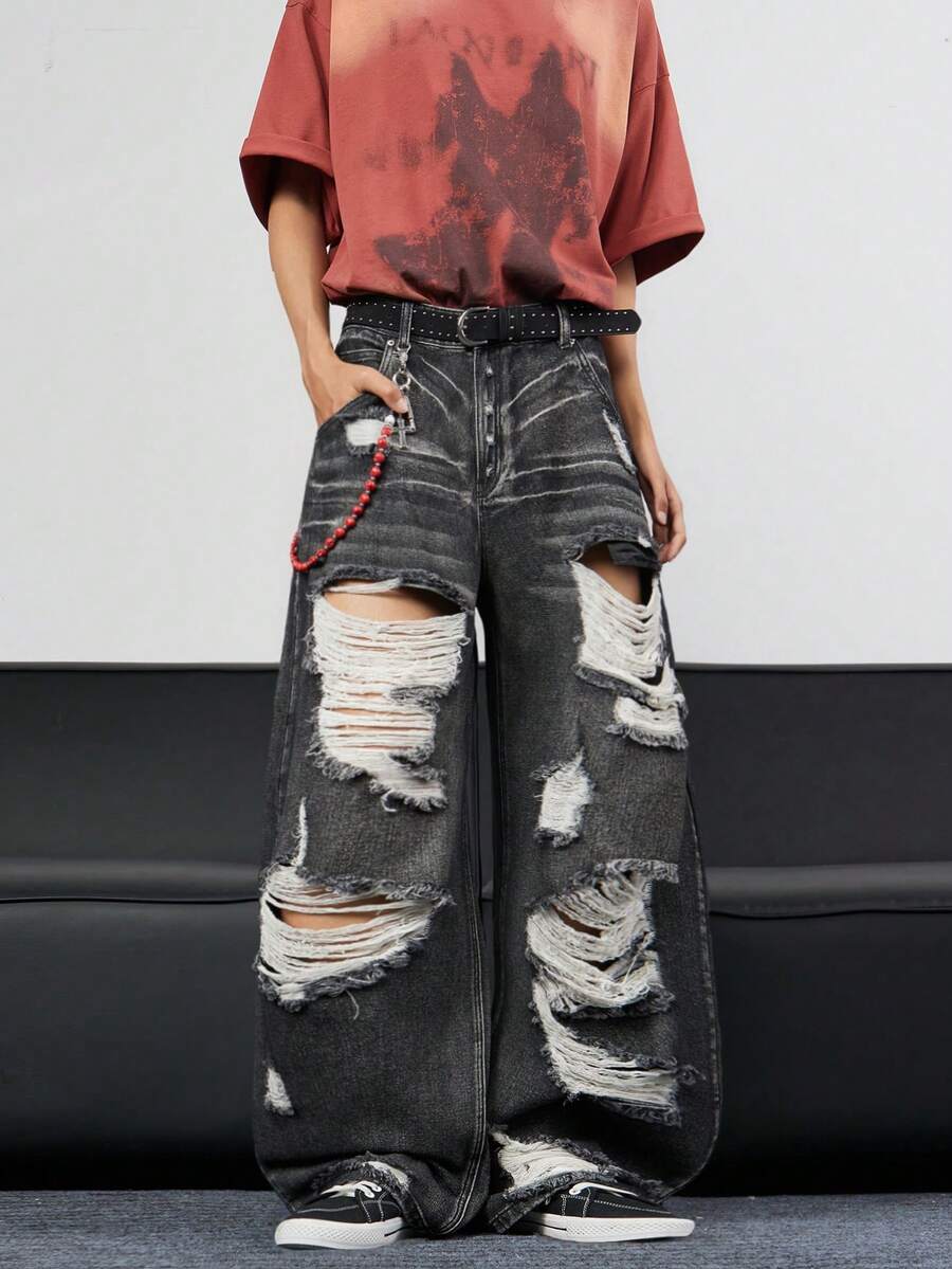 1pc Vintage Distressed Ripped Infinite Jeans, Loose Fit Flare Leg Washed Denim Pants (Excluding Belt And Accessories) - Black - View 1