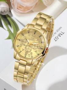 2件套时尚商务休闲情侣手表，多功能圆形表盘钢带石英表，情侣礼品套装，适合返校、派对、婚礼、节日、户外活动、万圣节、圣诞节和日常佩戴，情侣最佳礼物 - 金色 - 查看 5