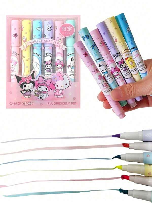 Sanrio 6Pcs Highlighter Marker Pen Kuromi Melody Hello Kitty Kawaii Stationery School Students Colorful Pen Multifunctional Pens Back To School School Supplies (Some Parts May Be Random)