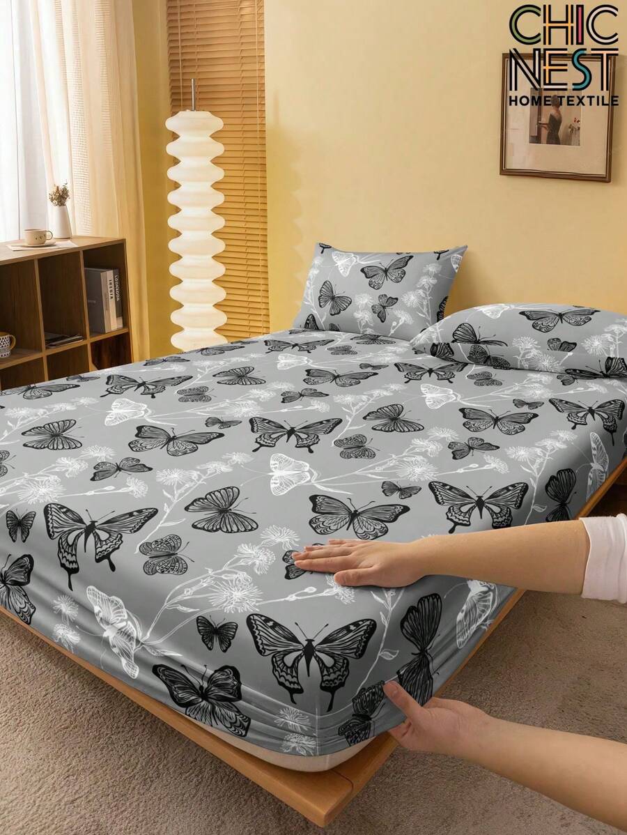 1 件灰色蝴蝶花朵图案床笠、树枝床垫保护套、情人节床垫罩、床单，柔软透气，适合所有尺寸的床 - 单人床、双人床、特大床、大号床单、深口袋床单家纺