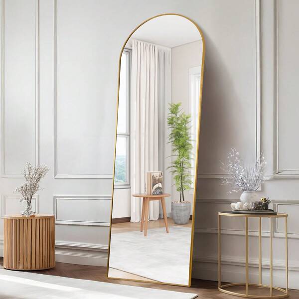 Sour Lemon Miroir incurvé moderne, grand miroir sur pied pleine longueur, miroir sur pied avec panneau arrière stable pour se tenir debout, cadre en alliage d'aluminium, verre trempé, pour chambre à coucher, salon, vestiaire, dressing