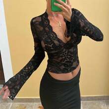 Aesthetic Lace Top Women Sexy Clothing See Through Deep V Neck Flared Long Sleeve T Shirts Party Clothes Clubwear - 如圖所示 - 查看 2