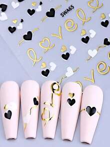 4pcs Black & White Hollow Heart Shaped French Line Design DIY Valentine's Day Romantic Holographic Self-Adhesive Gel Polish Nail Art Decals