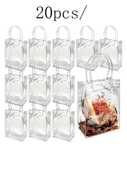 20 个带手柄的透明礼品袋，透明塑料礼品包装袋，大容量可重复使用的透明派对礼品袋，适用于精品婚礼生日婴儿洗礼母亲节，婴儿洗礼派对礼品袋，婚礼礼品袋，装饰袋