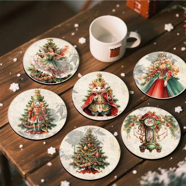 1 set/4 pezzi/6 pezzi Sottobicchieri in fango di diatomee con motivi di albero di Natale e re dei topi, sottobicchieri per caffè, decorazione multiuso per casa e ristorante, regali quotidiani, decorazione da tavolo, decorazione quotidiana, decorazione per feste a tema, come regali di Natale