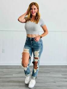 Women's Casual Ripped Washed Denim Jeans Long Tapered Carrot Style With Button And Zipper Details, High Stretch Fabric For Sexy Elegant Look - 中等水洗藍 - 查看 1