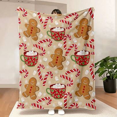 可爱冬季姜饼盖毯柔软温暖糖果手杖轻质法兰绒毛绒毛毯沙发床客厅旅行办公室圣诞节礼物