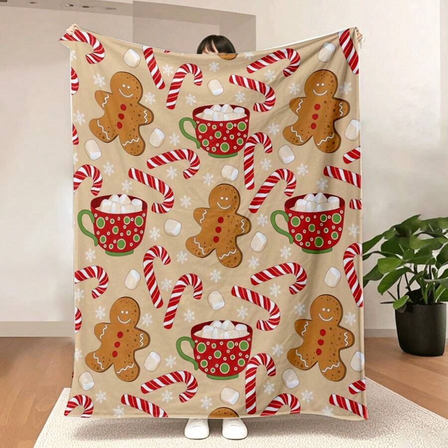 可爱冬季姜饼盖毯柔软温暖糖果手杖轻质法兰绒毛绒毛毯沙发床客厅旅行办公室圣诞节礼物