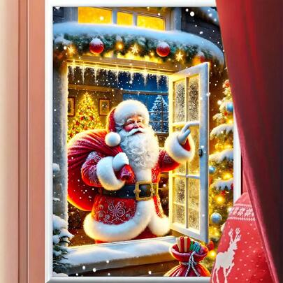 1 pièce Couverture de fenêtre drôle du Père Noël - Tailles multiples en option, polyester auto-adhésif épaissi pour décoration intérieure/extérieure de fête, installation sans perçage crée une ambiance festive