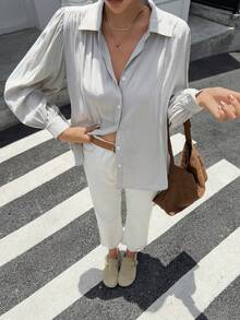 女士秋冬休闲常规衬衫，中式风格，适合派对、聚会、购物、节日、圣帕特里克节、复活节、情人节、圣诞节、感恩节，舒适、百搭、宽松、修身、时尚、春夏、前扣、日常穿着 - 淺灰色 - 查看 5