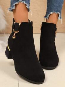 Jesienno-zimowe buty damskie w prostym stylu, na średnim obcasie i grubym obcasie, czarne zamszowe, krótkie botki z kryształkami, zapinane na zamek błyskawiczny z boku, modne i eleganckie botki damskie, buty damskie