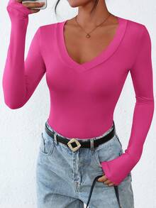 Long Sleeve Shirts For Women  Fall Fashion Going Out Tops Basic Casual V Neck Slim Fitted Y2K Clothes - 玫紅色 - 查看 6