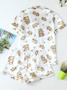 2pcs Satin Pajama Set, Cute Capybara Animal Print Short Sleeve Collared Top And Bow Shorts Women Sleepwear Loungewear