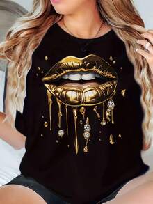 Women'S Black Plus Size Short Sleeve T-Shirt-Gold Lip Print And Diamond Pattern Design, Casual Round Neck Summer Top, Machine Washable For All Seasons, Fashionable And Items, Boldly Printed T-Shirts, Charming And Infectious Clothing, Durable And Fashionable Dress, Create A Personal Style 220g - 黑色 - 查看 1