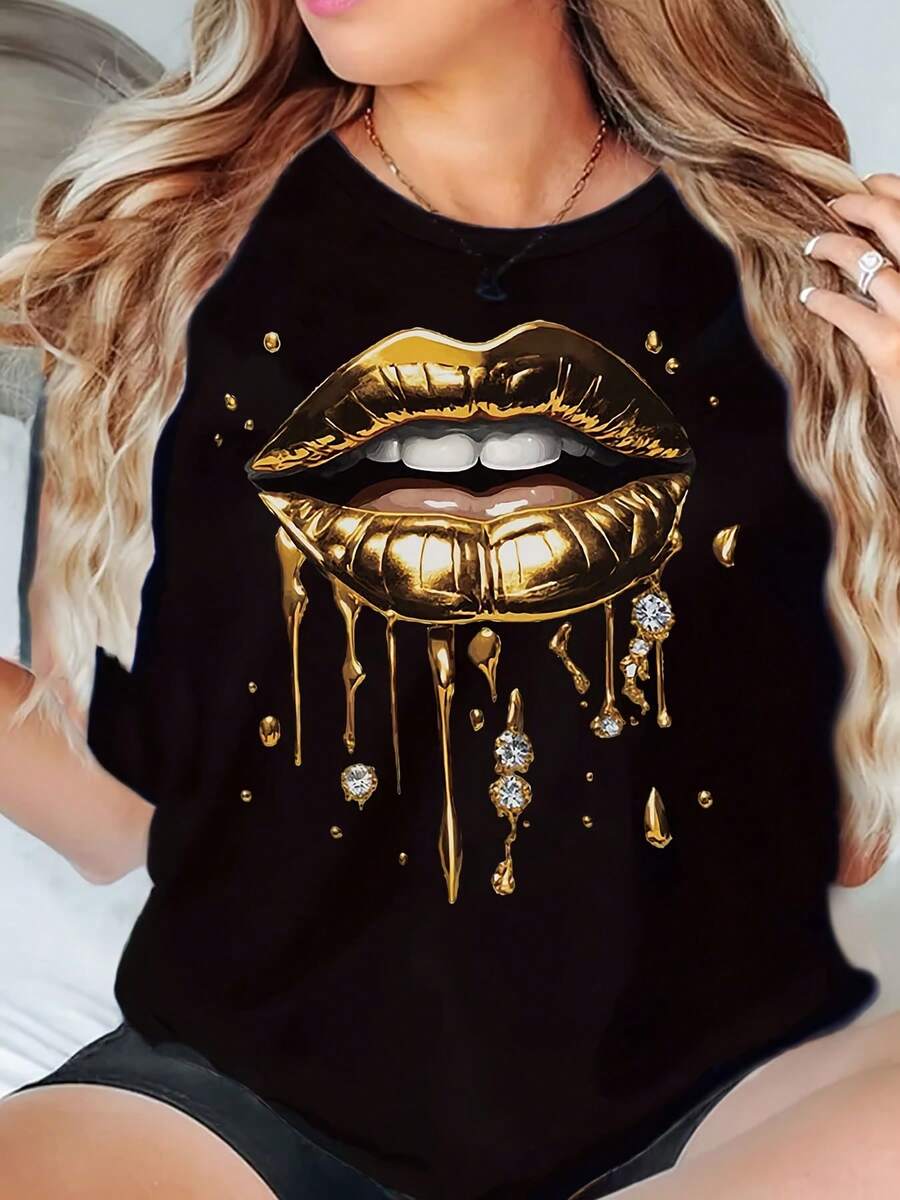 Women'S Black Plus Size Short Sleeve T-Shirt-Gold Lip Print And Diamond Pattern Design, Casual Round Neck Summer Top, Machine Washable For All Seasons, Fashionable And Items, Boldly Printed T-Shirts, Charming And Infectious Clothing, Durable And Fashionable Dress, Create A Personal Style 220g - 黑色 - 查看 1