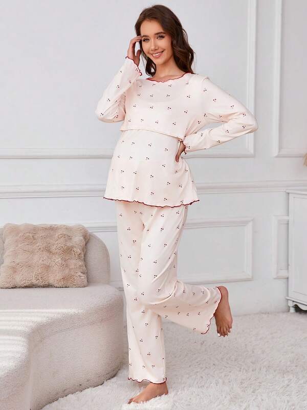 2 Stücke Mutterschafts-Kirschprint Stillpyjama Set mit Langarmshirt und Hose, bequem und locker
