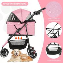 Pet StrollerDog Stroller For Small Medium Dogs Cats 3 Wheels Foldable With Breathable Mesh Canopy Cup Holders Easy Assembly Pink