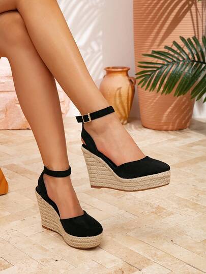 Sandálias femininas de cunha com fundo grosso e bico redondo, fivela de metal preta, estilo boêmio, casual, para férias, praia