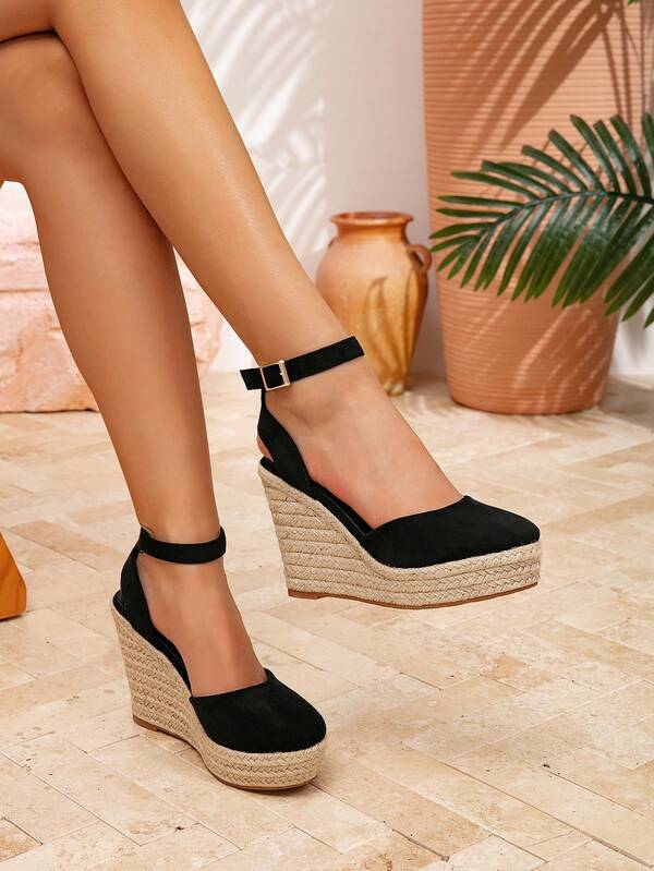 Damessandalen met dikke zool, ronde neus, gesp, zwarte metalen gesp, bohemian-stijl, casual vakantiestrandsandalen