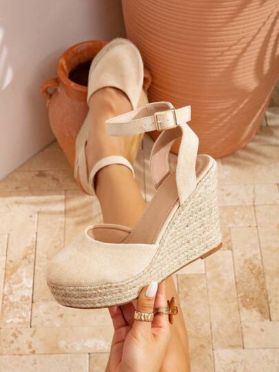 Women's Round Toe Wedge Heel Thick Sole Ankle Strap Apricot Suede Bohemian Style High Heel Beach Vacation Sandals