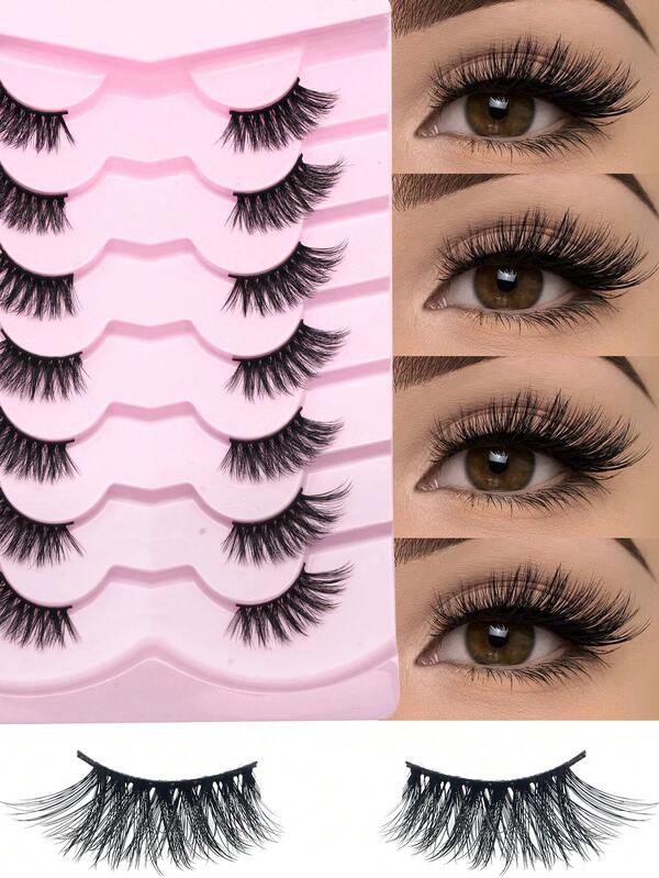 7 paires/paquet de faux cils naturels épais et moelleux bouclés, cils de vison dramatiques et ébouriffés, bandes de cils bouclés 8D plumeux pour des coins d'yeux séduisants et de longue durée, rehaussant le look maquillage