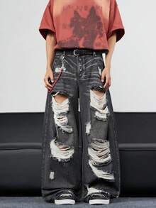 1pc Vintage Distressed Ripped Infinite Jeans, Loose Fit Flare Leg Washed Denim Pants (Excluding Belt And Accessories) - Black - View 6