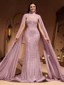 New Luxury High-End Elegant Women's Mermaid Tail Lace Patchwork Chiffon Flare Sleeve Floor-Length Dress, Suitable For Formal Evening Parties, Galas, Weddings, Red Carpet Events, Bridal Gowns, For Valentine's Day - 淺粉色 - 查看 2
