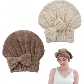 2 Pack Microfiber Hair Towel Cap Soft Absorbent Hair Drying Cap Turban Towel With BowKnot For Women's Long Thick Hair In Coffee Brown