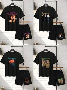 Customized 2 Pieces Set For Men, T-Shirt And Shorts, Casual, Loose, Streetwear, Sportswear, Vacation, Outdoor, Spring, Summer, Autumn, Suitable For Boyfriend, Family, Friends Birthday, Can Use Your Own Photo/Logo, Suitable For Couples, Pranks, Surprise Gifts - Black - View 4