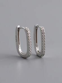 HuooNew 1pair Advanced 925 Sterling Silver Ellipse & Square Shape Micro Inlaid Cubic Zirconia Earrings, Unisex Silver Jewelry For Gift - Silver - View 1