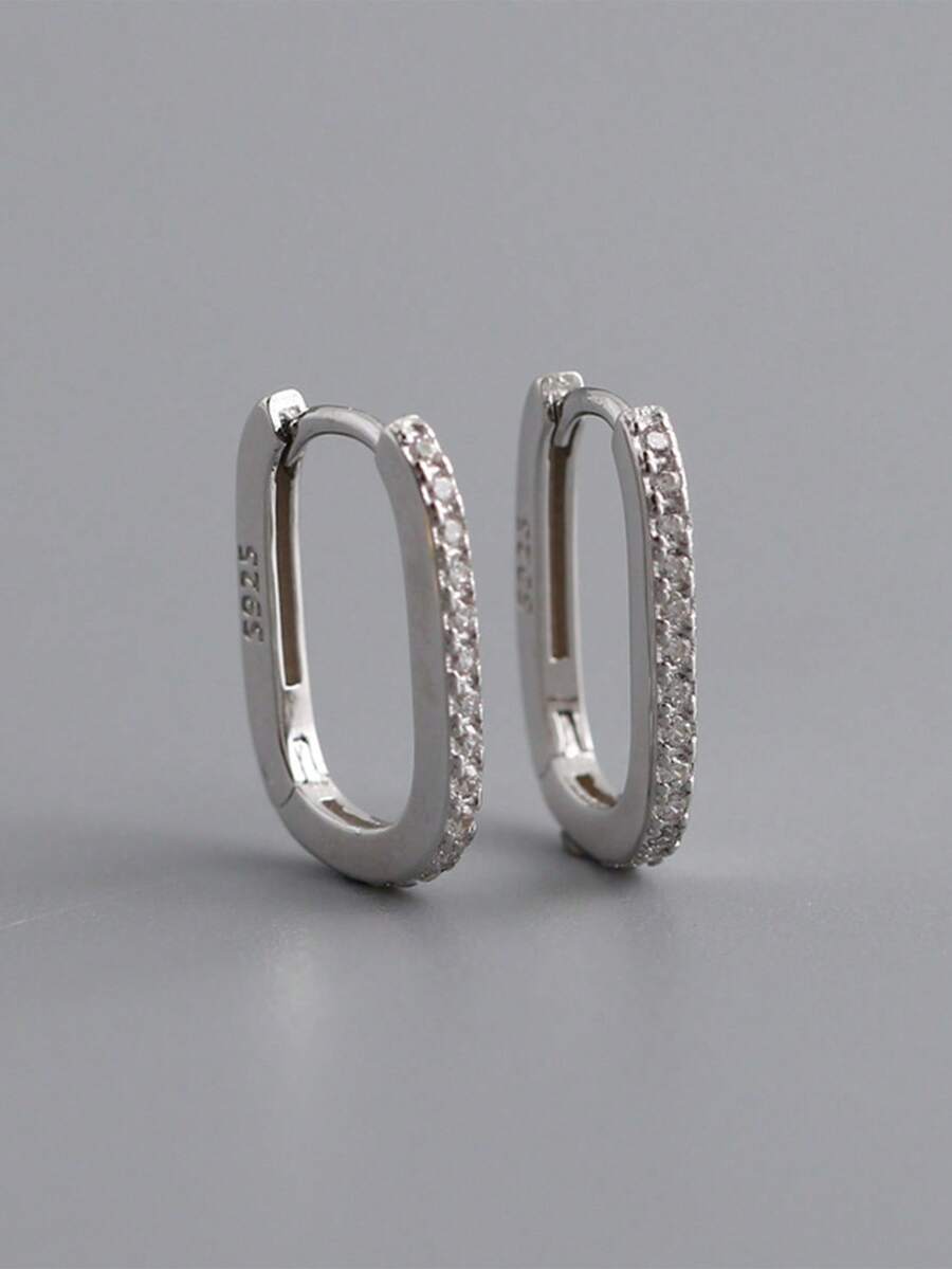 HuooNew 1pair Advanced 925 Sterling Silver Ellipse & Square Shape Micro Inlaid Cubic Zirconia Earrings, Unisex Silver Jewelry For Gift - Silver - View 1