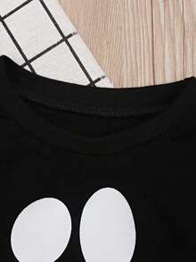 Conjunto de 2 peças de moletom de manga comprida com estampa de rosto sorridente para meninos e meninas de Halloween + calça listrada - Preto - Ver 5