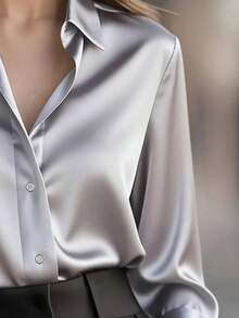 女士优雅纯色缎面衬衫，通勤百搭，精致衬衫，亲肤柔软面料，光滑透气，纯色纽扣前襟，适合办公室穿着，春夏秋冬