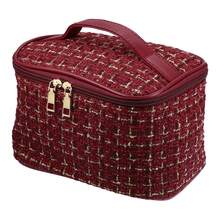 Makeup Bag, Large Cosmetic Travel Bag Woolen Make Up Brush Organizer Bag Tweed Plaid Toiletry Bag For Women - 紅色 - 查看 1