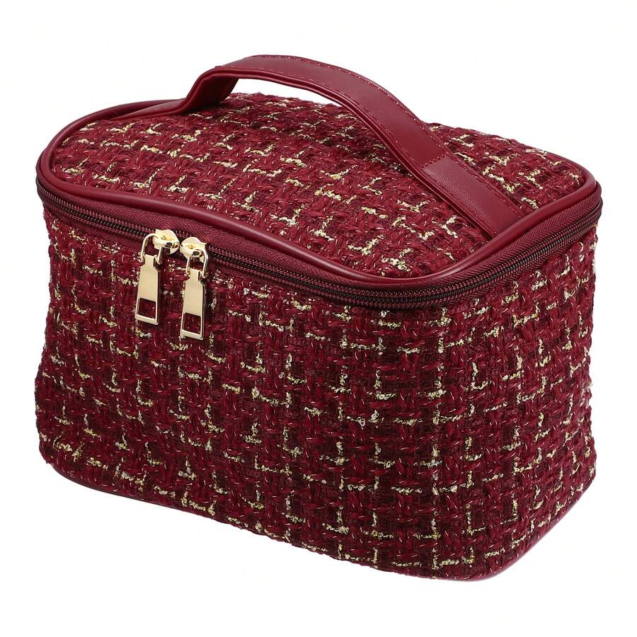 Makeup Bag, Large Cosmetic Travel Bag Woolen Make Up Brush Organizer Bag Tweed Plaid Toiletry Bag For Women - 紅色 - 查看 1