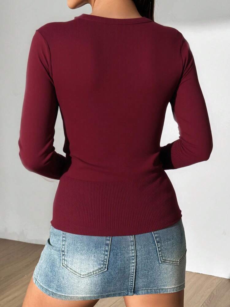 Cardigán de mangas largas con botones al frente para mujer suéter jersey - Burdeos - Añade 2