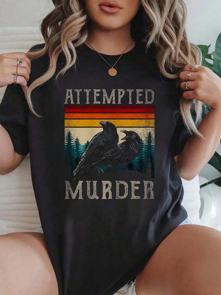 100% Cotton Fall Women Clothes Attempted Crows Ravens Edgar Allen Poe T-Shirt Crew Neck Short Sleeve T-Shirt, Casual Print Graphic Cotton Tees Women Tops - 黑色 - 查看 1