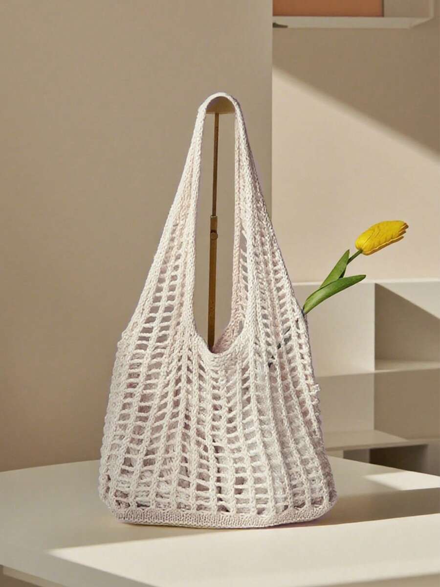 Yogodlns 时尚钩编包，女士夏季沙滩手提包，时尚手提包，波西米亚风钩编单肩包，镂空钩编单肩包，腋下包，大容量钩编包，购物手提包，休闲沙滩包，通勤包，波西米亚风女装 - 米色 - 查看 1