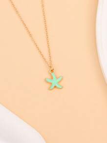 1pc Women Elegant Starfish Pendant Necklace - Gold Metallic With Shiny Blue Starfish Charm, Suitable For Party, Birthday And Spring Festival Gifts, Versatile Ocean-Themed Accessory, Exquisite Craftsmanship
