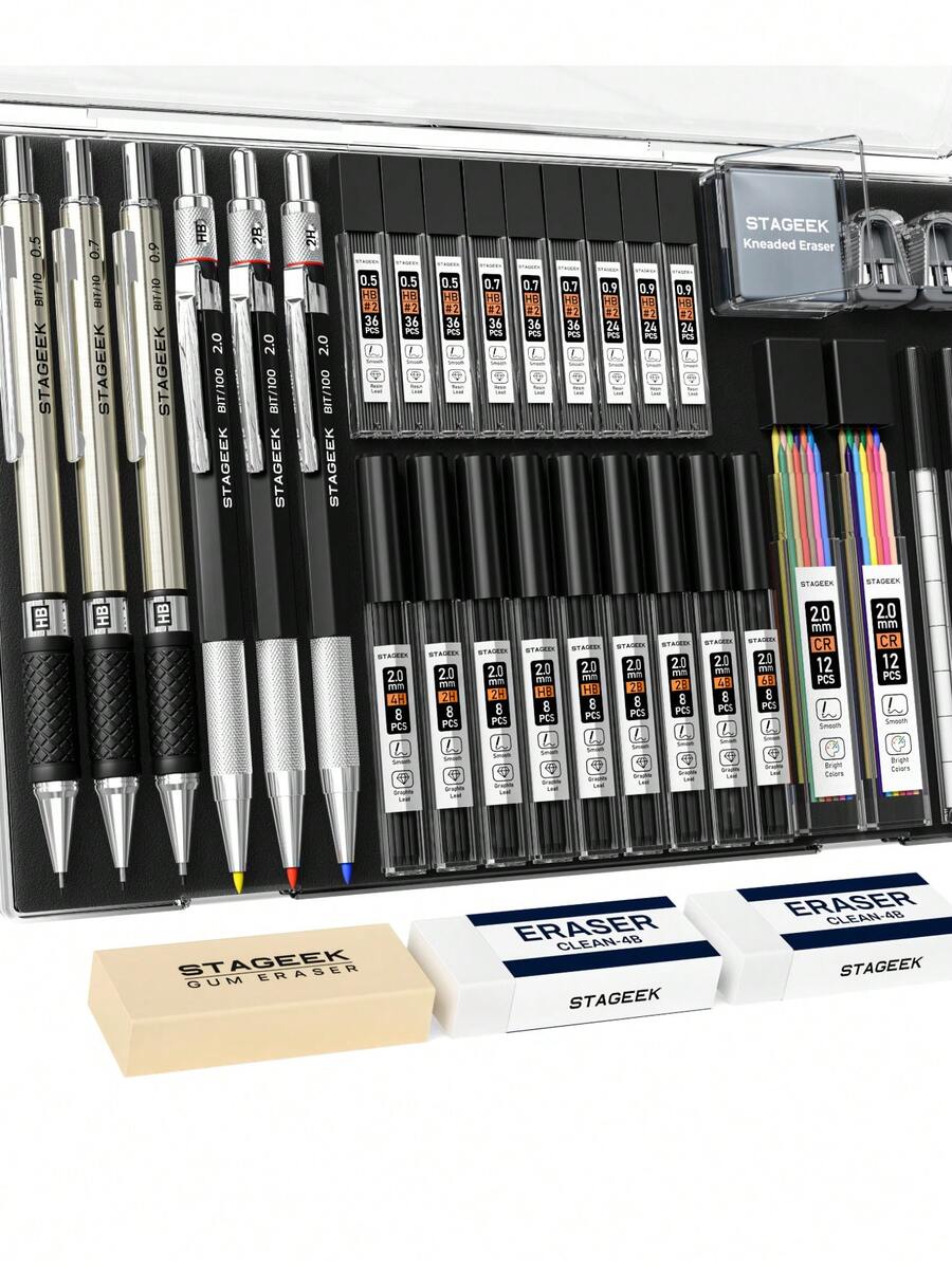 34PCS Art Mechanical Pencil Set, Drafting Pencil 0.5, 0.7, 0.9MM & 3PCS 2.0MM Mechanical Drawing Pencils With 384PCS Leads (6B 4B 2B HB 2H 4H Color) For Artist Sketching Drawing - 黑與白 - 查看 1