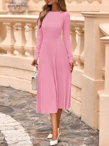 Women's Long Sleeve Midi Sweater Dress  Fall Crewneck Knit A Line Pleated Wedding Guest Winter Dresses - Pink - View 2