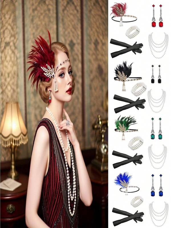 5 قطع طقم أنيق للسيدات من الحقبة ال- 1920 بلون أحمر، يتكون من إكسسوارات الحفلات والمناسبات الرسمية والهالوين والكريسماس: إكليل الرأس، أقراط اللؤلؤ، سوار اللؤلؤ، قلادة اللؤلؤ الطويلة، شريط الرأس