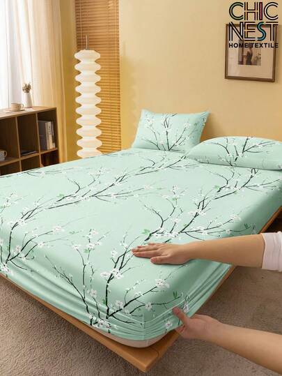 1Pc Green Plum Blossom Flower Pattern Fitted Sheet, Tree Branches Mattress Protector, Valentine's Day Mattress Cover For Bed, Bed Sheet, Soft And Breathable, For All Size Bed -Twin, Full, King, Queen Size Sheet Deep Pocket Bed Sheets Home Textile Back School Bedding Domitory Bedding Set
