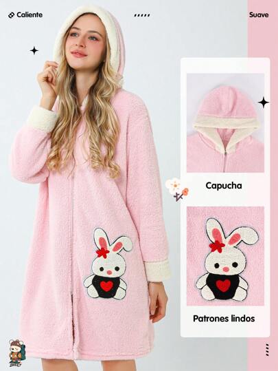 Pijama Invierno para Mujer, Pijamas Polar con Manga Larga, Pijama Grueso con Capucha, Diseño de Bordado con Apliques