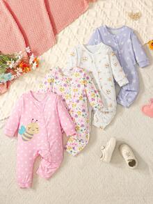 4件套女婴舒适花卉、蜜蜂、爱心印花连体衣户外套装，适合所有季节，节日礼物 - 彩色 - 查看 1