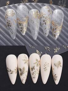 2片装3D烫金叶子花朵美甲贴纸，奢华设计，叶瓣樱花蝴蝶结金属金线设计，自粘式美甲装饰贴纸，适用于DIY美甲设计 - 金色 - 查看 4