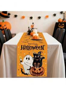 1/270 Stücke 30*180cm Halloween Geist, Schwarze Katze, Kürbis Muster Polyester Tischläufer - orangener Hintergrund, Fröhliches Halloween, Fledermäuse, Spinnen und Kürbis Dekoration, geeignet für Halloween Party, Zuhause Zusammenkünfte, Tischdekoration, Feiertags Dekoration