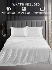 3/4pcs Satin Fitted Sheet Set, Bedding Set, Bed Sheets, Solid Color Bed Sheet Set, White Bedding Set, Mattress Cover Set, Skin-Friendly Bed Cover Set,  Soft And Comfortable Bedding, 1pc Flat Sheet, 1pc Fitted Sheet With 1/2pcs Pillowcase, Deep Pocket, For Single/Twin/Full/Queen/King Bed Sizes, Luxury Bedding, Machine Washable, Cool Touch For Sleeping, Perfect Valentine's Day Gift, Valentine's Day, Valentine's Gift - 白色 - 查看 3