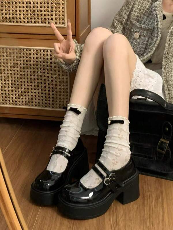 1 par de mocasines de plataforma de estilo Mary Jane casual y de moda para adolescentes, con punta redonda, hebilla y suela gruesa, adecuados para el uso diario, fiestas y baile