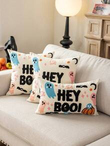1pc Halloween Ghost& Bat & Pumpkins Polyester Canavas Cushion Cover With Exquisited Embroidered, No Pillow Core, Home Decor Pillow Case Room Decor Pillow Cases Cushion Covers Halloween Decor